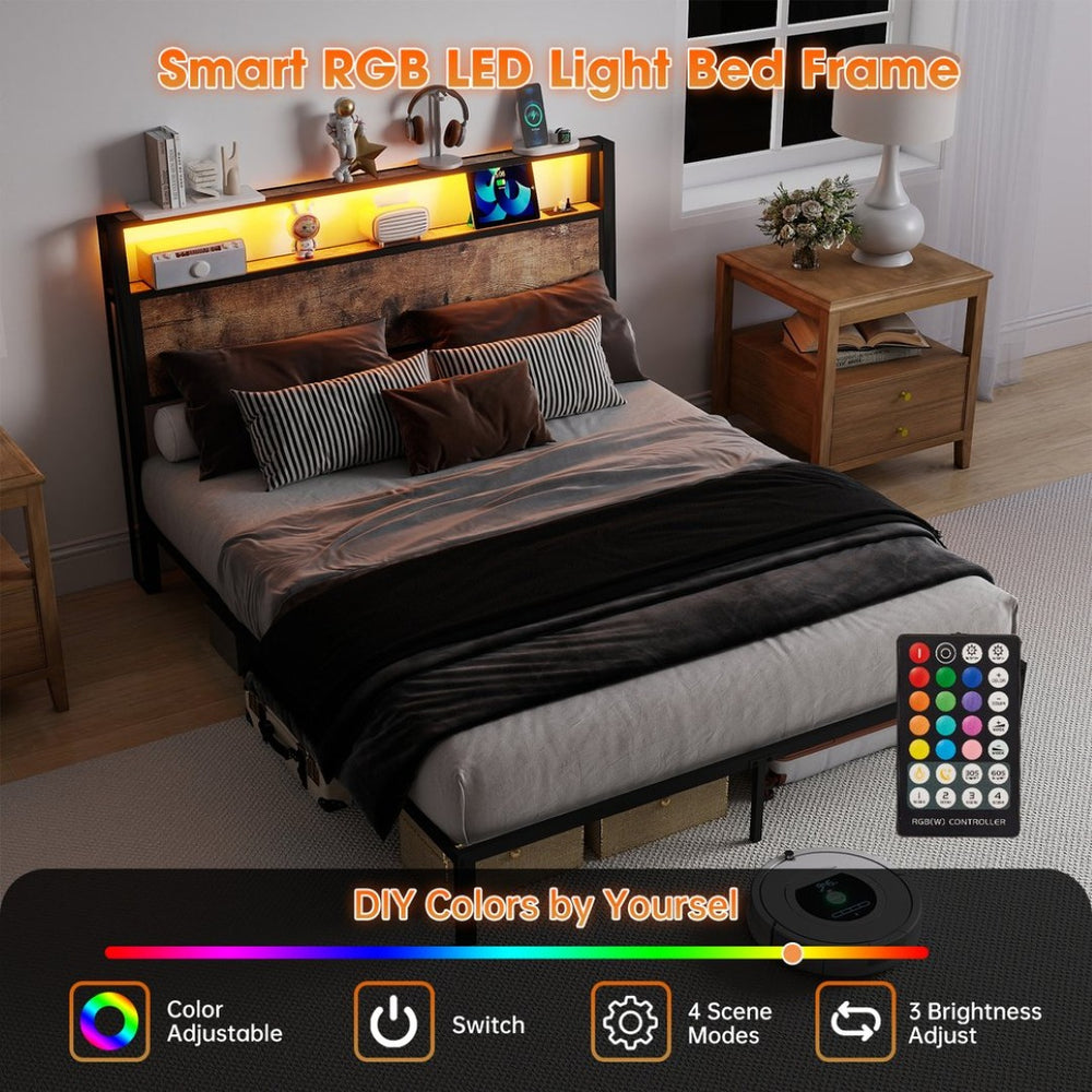 English Elm Queen Metal Platform Bed Rgb Led Headboard Charging Ports Under Storage 800lb Brown T3963P491443