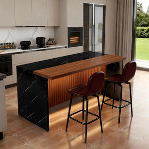 English Elm 63-Inch Modern Kitchen Island Set With 2 Bar Stools - Black Marble Surface, Led Light & Grill Design W2699S00063
