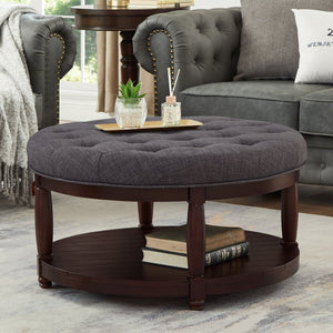 English Elm Large Round Tufted Ottoman Coffee Table with Wood Shelf for Living Room Lounge Dark Gray W2186P212196