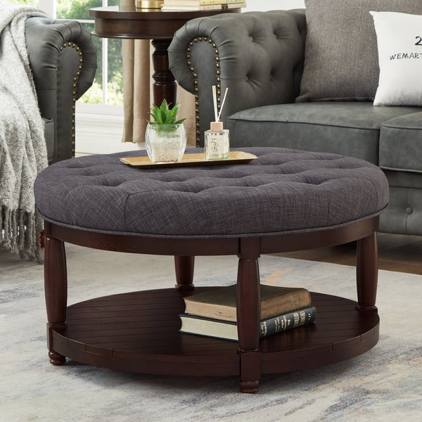 English Elm Large Round Tufted Ottoman Coffee Table with Wood Shelf for Living Room Lounge Dark Gray W2186P212196