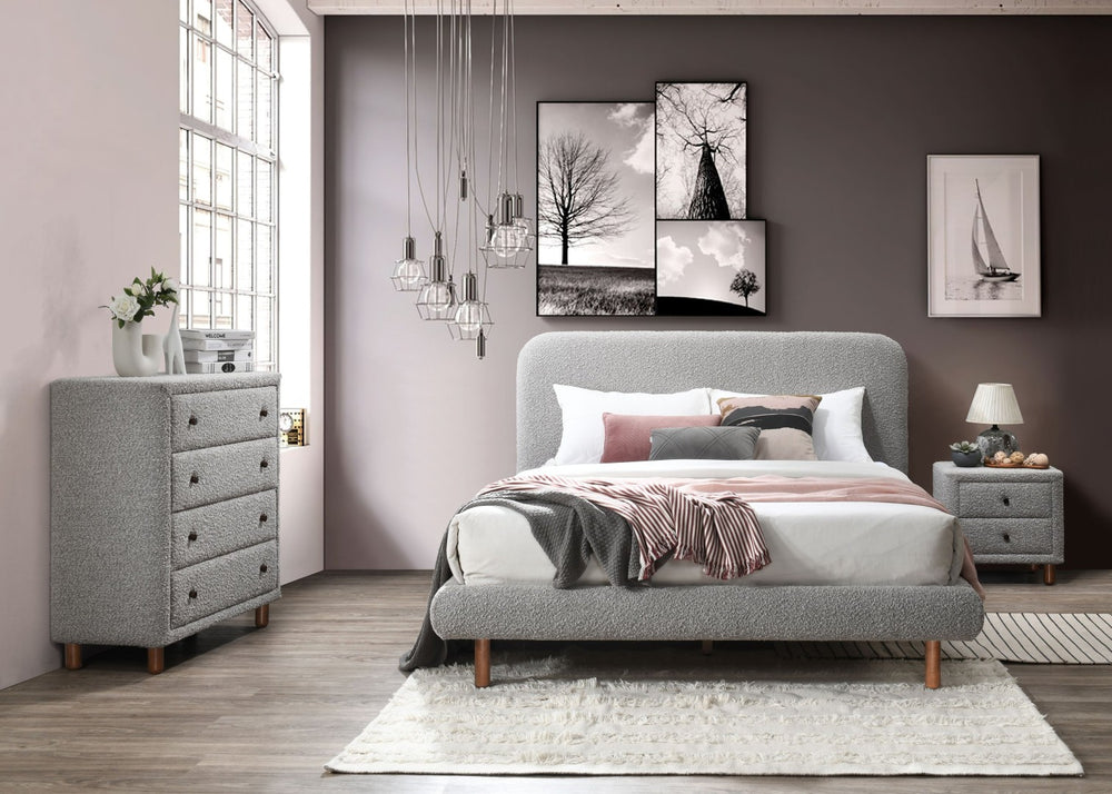 English Elm Cleo Boucle Upholstered Queen Bed Tall Cushioned Headboard Rubberwood Legs B2756S00038