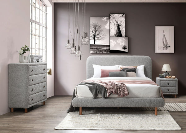 English Elm Cleo Boucle Upholstered Queen Bed Tall Cushioned Headboard Rubberwood Legs B2756S00038