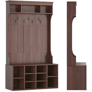 English Elm 70.9 Inch Freestanding Hall Tree with Bench Shoe Cubbies and 7 Hooks for Entryway Dark Walnut T3623P434554