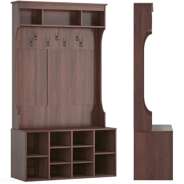 English Elm 70.9 Inch Freestanding Hall Tree with Bench Shoe Cubbies and 7 Hooks for Entryway Dark Walnut T3623P434554