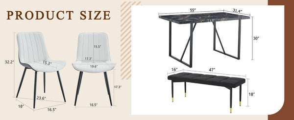 English Elm Table Modern Black Marble Pattern Dining Set - 6-Piece With Pu Chairs & Bench For Elegant Dining W1151S03579-GIGA