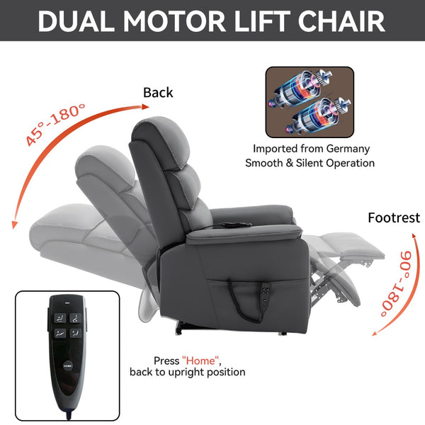 English Elm Dual Motor Power Lift Recliner with Massage Heat and 180 Degree Brown Lounge Chair Grey W1803S00062