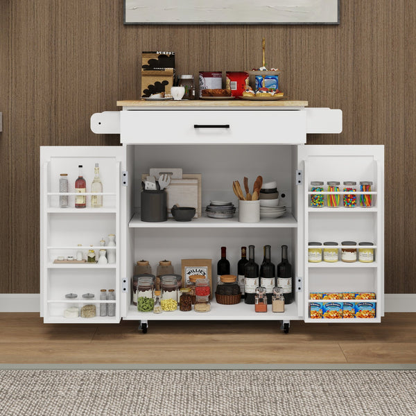 English Elm Kitchen island rolling trolley cart with drawer, doors, adjustable shelves, towel & spice rack, white - durable UV finish, 80 lb load capacity, easy assembly W282P163314