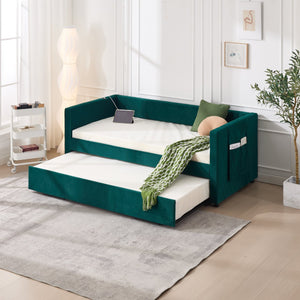 English Elm Twin Velvet Upholstered Daybed with Trundle, V-Pattern Backrest, USB Port, Side Pockets, Sturdy Design Emerald W1361S00043