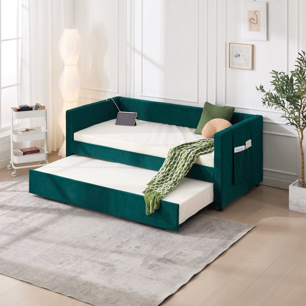 English Elm Twin Velvet Upholstered Daybed with Trundle, V-Pattern Backrest, USB Port, Side Pockets, Sturdy Design Emerald W1361S00043