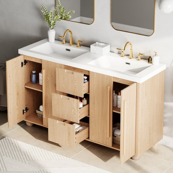 English Elm [video] 59 Inch Double Sink Vanity with Wood Grain Mdf Soft Close Doors and Resin Basins N759S425430N