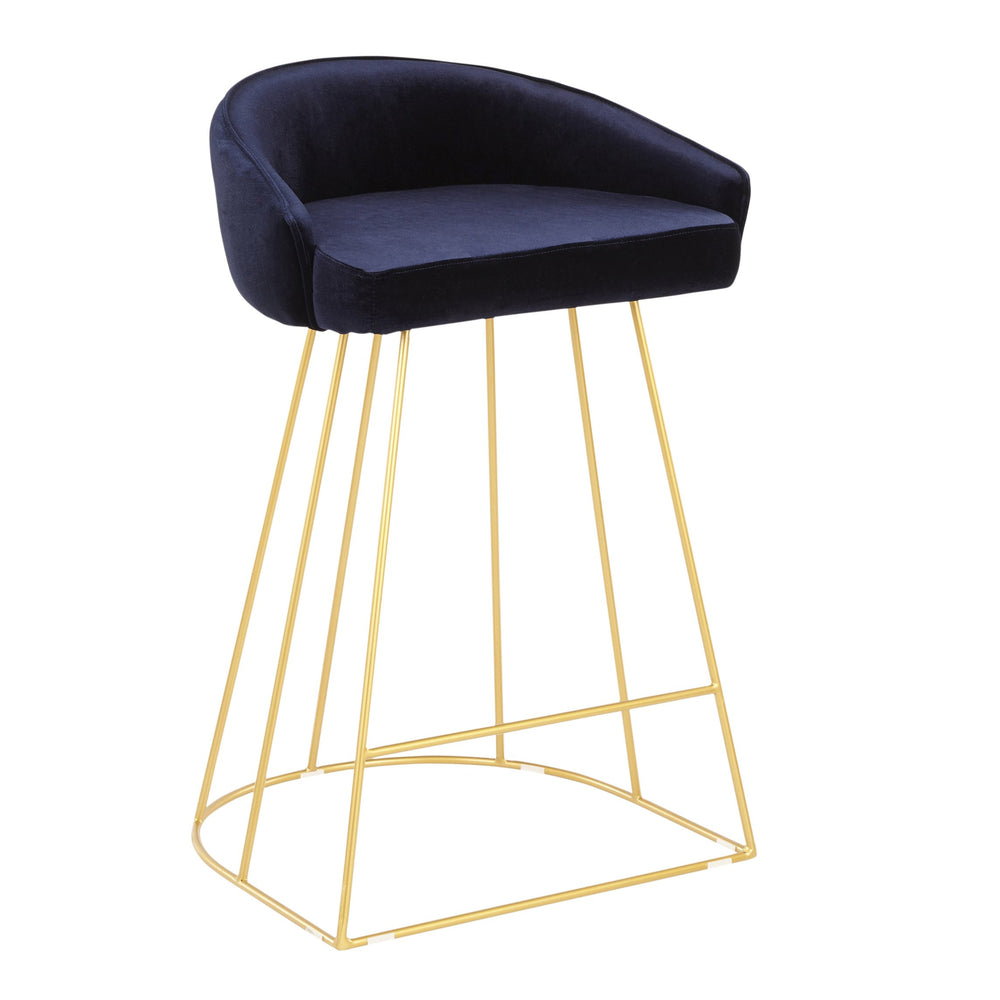 English Elm Canary Gold Metal Counter Stool with Velvet Upholstery, Curved Back and Cage Base — Set of 2 Blue B202P221840
