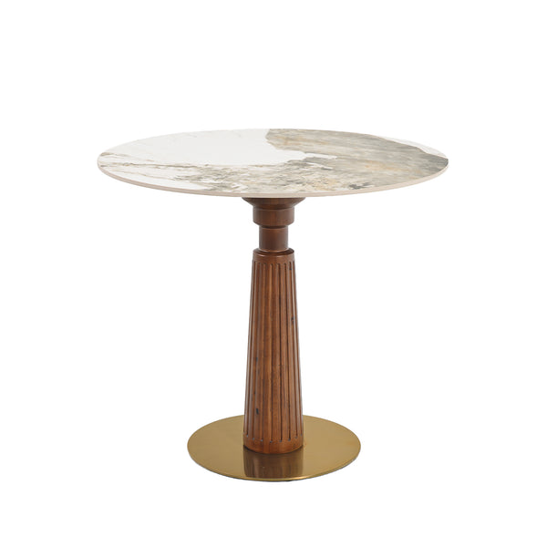 English Elm Modern Round Dining Table - Elegant Sintered Stone Top With Wooden Legs & Gold Base For 2 People W1535S00573