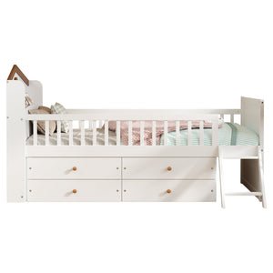 English Elm Twin Bed Frame with Storage Drawers and House Headboard, Kids Platform Bed with Guardrail Ladder and Shelf White 49.3 L x 16.25 W x 7.75 H N733S278032K