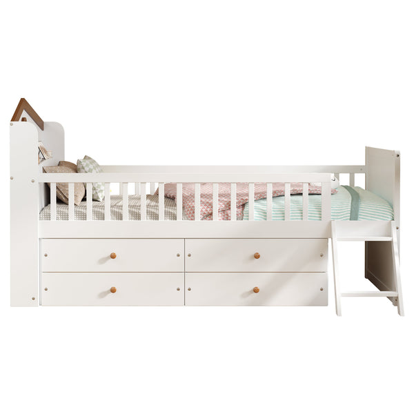 English Elm Twin Bed Frame with Storage Drawers and House Headboard, Kids Platform Bed with Guardrail Ladder and Shelf White 49.3 L x 16.25 W x 7.75 H N733S278032K
