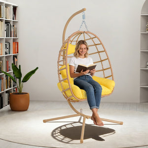 English Elm Egg Hanging Chair with Stand Pe Rattan Swing Seat Washable Cushion Patio Bedroom T5880P497431