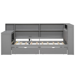 English Elm Wood Twin Size Platform Bed With Storage, Usb Charging, Desk, Led Lighting & Upholstered Headboard N7090001046E-GIGA