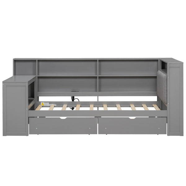 English Elm Wood Twin Size Platform Bed With Storage, Usb Charging, Desk, Led Lighting & Upholstered Headboard N7090001046E-GIGA