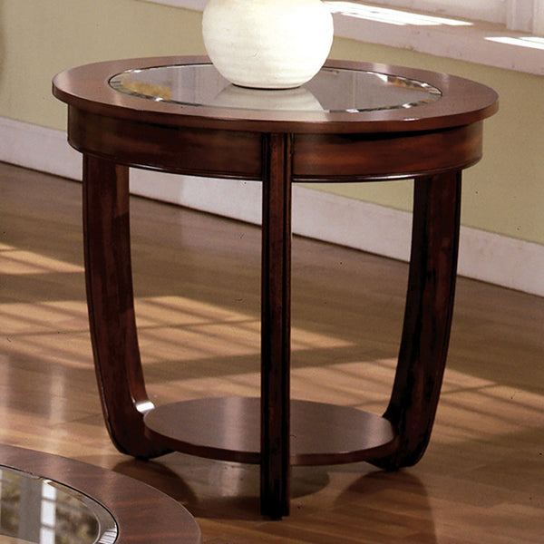 English Elm Dark Cherry Round End Table Beveled Glass Top Open Shelf Transitional Living Room B011P246325