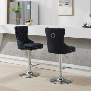 English Elm Thick Velvet Swivel Barstools Adjustable 25-33" Height with 17.7" Chrome Base, Tufted Diamond Pleat Elegance Black W1143P335042