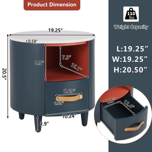 English Elm Christopher Knight Home® - Contemporary Round Nightstand with Drawer & Open Shelf, Curved Bedside Table with Leather Handles Blue 22 L x 22 W x 19.75 H N761P285708C