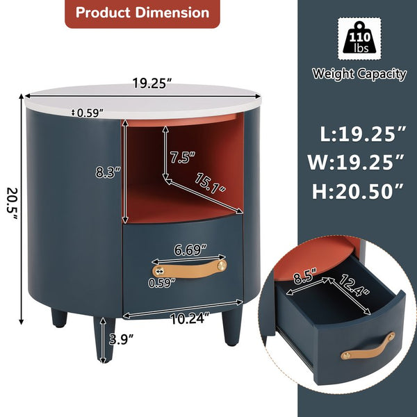 English Elm Christopher Knight Home® - Contemporary Round Nightstand with Drawer & Open Shelf, Curved Bedside Table with Leather Handles Blue 22 L x 22 W x 19.75 H N761P285708C