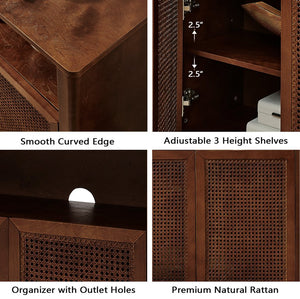 English Elm 63" Mid Century Modern Rattan Sideboard Buffet Cabinet with Adjustable Shelves, Durable Craftsmanship and Outlet Access for Living Room Storage and TV Console Walnut W1801P371658