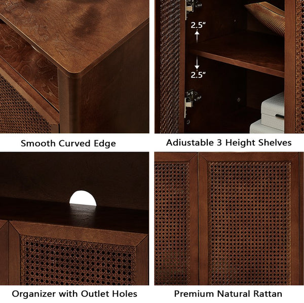 English Elm 63" Mid Century Modern Rattan Sideboard Buffet Cabinet with Adjustable Shelves, Durable Craftsmanship and Outlet Access for Living Room Storage and TV Console Walnut W1801P371658