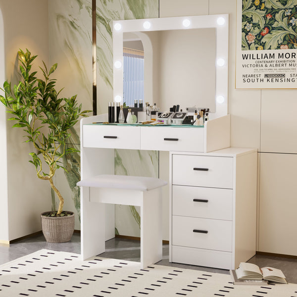 English Elm White adjustable dressing table with 5 drawers, matte finish, hidden sliding mirror, stool, lockable storage W2139P179897