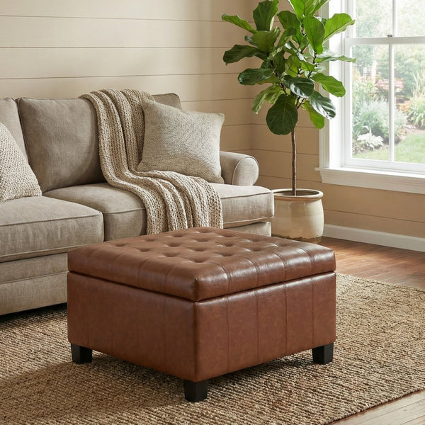 English Elm Black Tufted Pu Lift Top Storage Ottoman with Rubberwood Legs for Living Spaces Light Brown N779P404084L