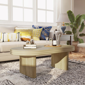English Elm Mid Century Modern Oval Fluted Coffee Table with Wood Veneer for Living Room Natural W757P370240