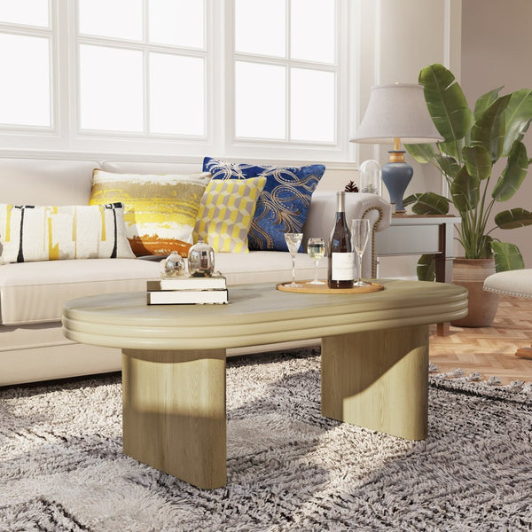 English Elm Mid Century Modern Oval Fluted Coffee Table with Wood Veneer for Living Room Natural W757P370240