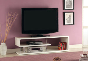 English Elm Contemporary Curved Shelving TV Console with Chrome Poles, High Gloss Lacquer Finish, Sleek Design White 60 L x 19 W x 7 H B2741P361976