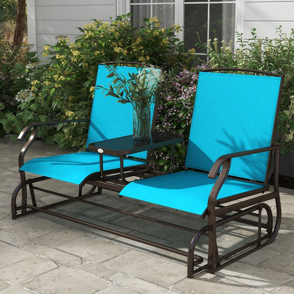 English Elm Outsunny Stylish Two-Person Glider Loveseat With Center Table, Breathable Mesh & Smooth Motion, Blue W2225P200563-GIGA