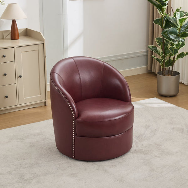 English Elm Dark red Top-Grain Leather Swivel Accent Chair with 360° Smooth Spin, Riveted Rock’n’Roll Style, Sturdy Base W570P386958