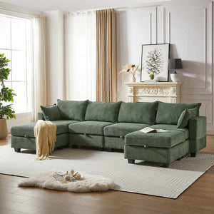 English Elm 113.5'' Modular Sectional Sofa with Storage Ottoman, Convertible U or L Shape Sleeper for 6 Seats Green W834S00251