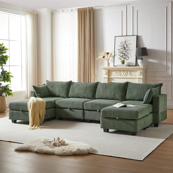 English Elm 113.5'' Modular Sectional Sofa with Storage Ottoman, Convertible U or L Shape Sleeper for 6 Seats Green W834S00251
