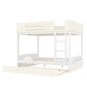 English Elm Queen Bunk Bed with Trundle Solid Pine Kids Car Themed Frame Built-in Bookshelf Beige+White W1580S00446