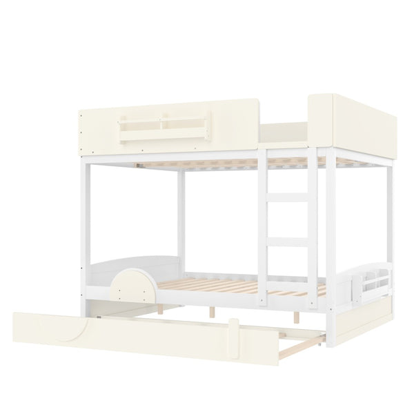English Elm Queen Bunk Bed with Trundle Solid Pine Kids Car Themed Frame Built-in Bookshelf Beige+White W1580S00446