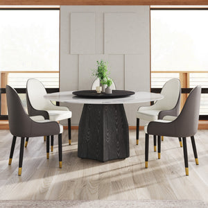 English Elm 59.05" Round Marble Dining Table With Black Oak Base & 31.5" Turntable For Elegant Gatherings W1535S00385