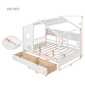 English Elm Wooden Full Size House Bed with Roof and Built-In Shelf, 2 Underbed Drawers, Sturdy Pine Frame 78" L White 57 L x 18.2 W x 6 H N733S308487K