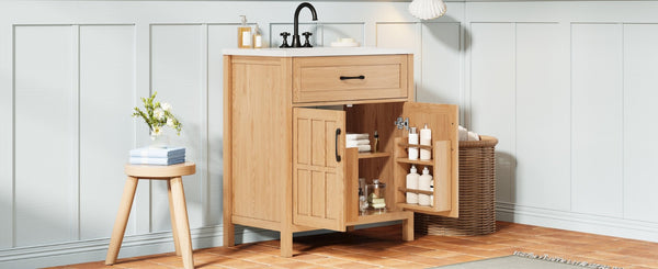 English Elm 30" Solid Pine Bathroom Vanity with Resin Sink Soft Close Doors and Natural Grain Finish N710P405952P