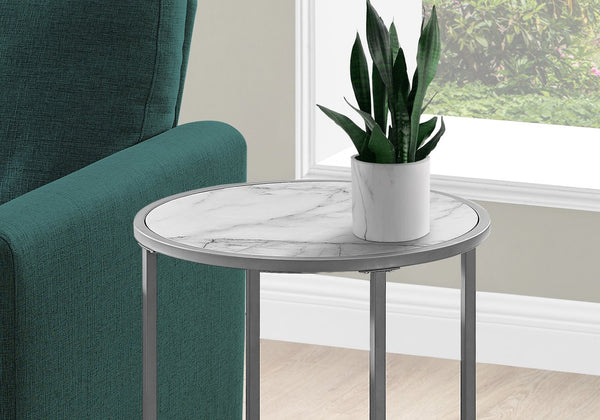 English Elm Accent Table - Elegant Round Design With White Marble Look And Grey Metal Base For Modern Spaces B2710P218983