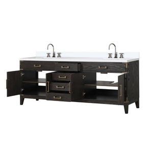 English Elm Brown Oak Double Bath Vanity With White Quartz Top & Chrome Faucet Set - Elegant Storage Solution B2731P259967