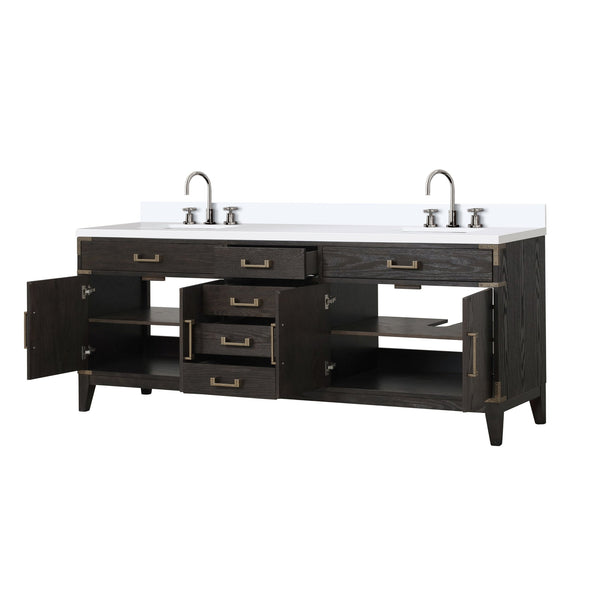 English Elm Brown Oak Double Bath Vanity With White Quartz Top & Chrome Faucet Set - Elegant Storage Solution B2731P259967