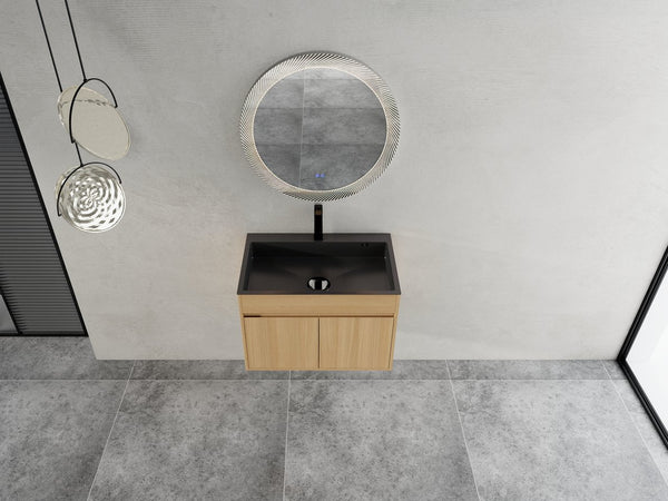 English Elm 28" Wall Mounted Bathroom Vanity with Gun-Gray Stainless Sink, Soft-Close Doors, Plywood, Oak Finish, KD W999P376889