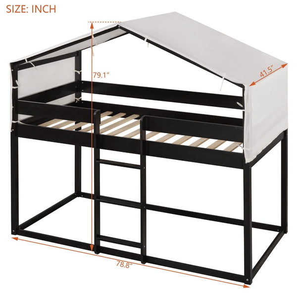 English Elm Twin Over Kids Bunk Bed with Tent Canopy Farmhouse Pinewood Playroom Frame Espresso N708P248523P