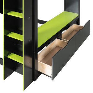 English Elm Full Size Loft Bed with Rgb Lighting Desk Drawers Hanging Rod Teen Bedroom Green LT000288AAF-1