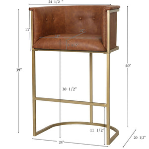 English Elm 26" Counter Stool Tufted Faux Leather Seat with Brass Metal Base for Kitchen Islands Brown Pu B2751P436481