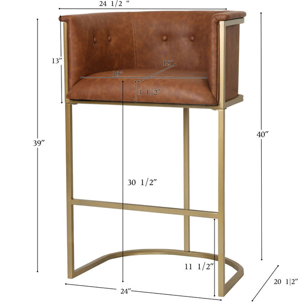 English Elm 26" Counter Stool Tufted Faux Leather Seat with Brass Metal Base for Kitchen Islands Brown Pu B2751P436481