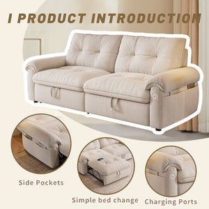 English Elm It 77-inch convertible velvet sofa bed, 2-in-1 loveseat to guest bed with steel frame, high-resilience foam comfort Beige W3820S00014